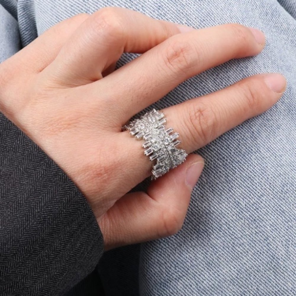 NEW Silver Baguette Round Diamond Wide Band Ring - Picture 5 of 7